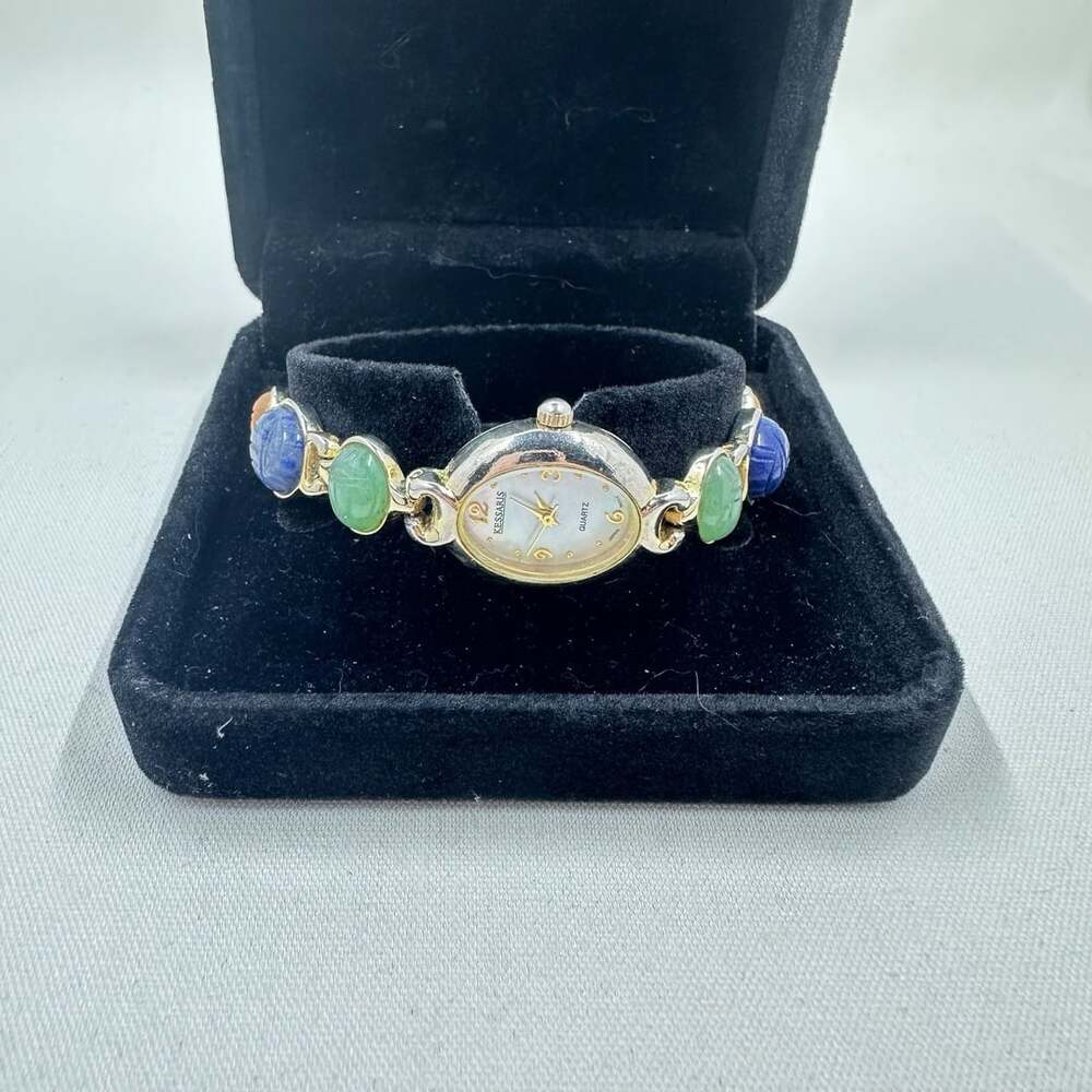 Kessaris Ladies Scarab Gemstone Bracelet Quartz Watch with Mother of Pearl Dial